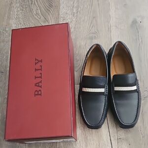 Bally Black and White Leather Slip-On Loafers